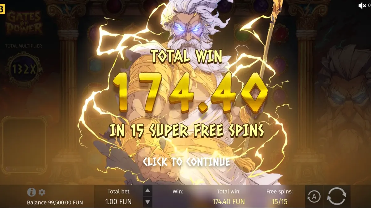 Tampilan layar slot Gates of Power dengan Zeus dan gulungan 6x5